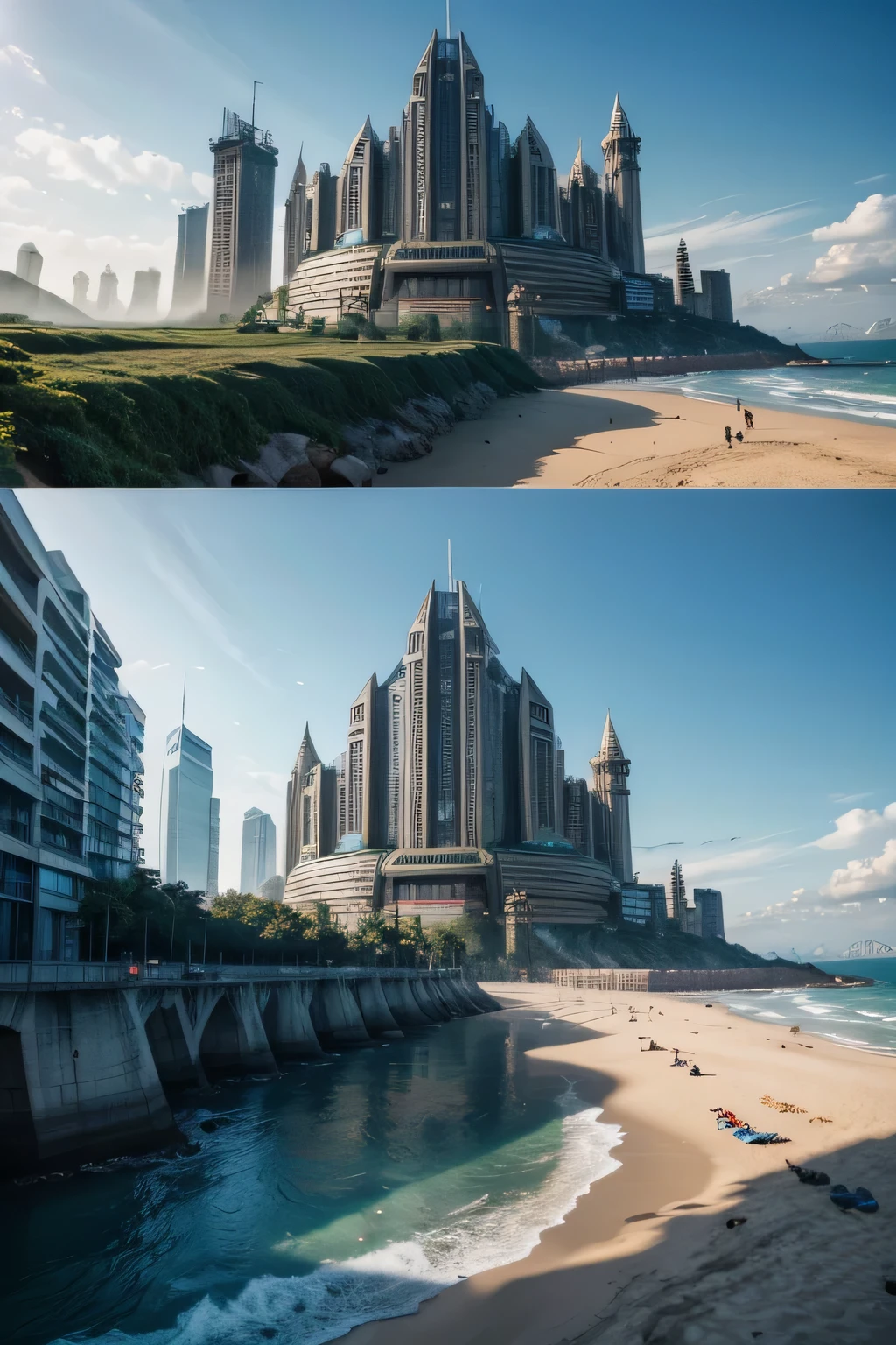 5 cyberpunk style cities, each with 3 levels of height as if they were medieval fortresses, on a large beach connecting them but below