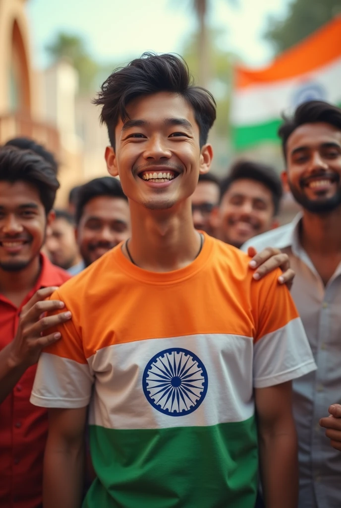 Image of a most handsome boy with Korean style face named as Saurabh written on his t-shirt with Indian tricolour flag celebrating independence day with friends 
