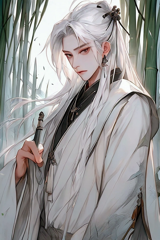 Realistically, Practical, photography, masterpiece, Best quality, Extremely detailed, Moderate, 1 Boy, Solitary, White hair, Chinese clothes, Silver hair,Bamboo forest in the background，whole body，Panoramic lens，Vision，A sword in his hand