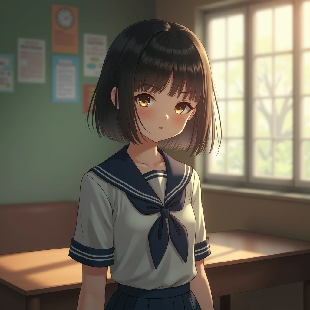 Highest quality, Chest Focus, Soft Light, Ultra-high resolution, (Realistic:1.4), RAW Photos, 1 Japan, alone, cute, (A shy smile:0.5), (Brown eyes, Light in your eyes), Beautiful face in every detail, (Small box),(High resolution detail of human skin texture), (Short Bob Hair), break, at school,uniform, Best, skirt、From the second floor、valley