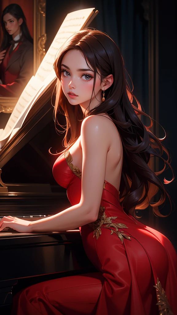 a young and beautiful woman in a red dress playing piano on an illuminated stage, realistic oil painting, detailed face, detailed hands, chiaroscuro lighting, dramatic lighting, warm color tones, muted colors, elegant, cinematic, intricate details, photorealistic, 8k, high resolution, best quality, masterpiece