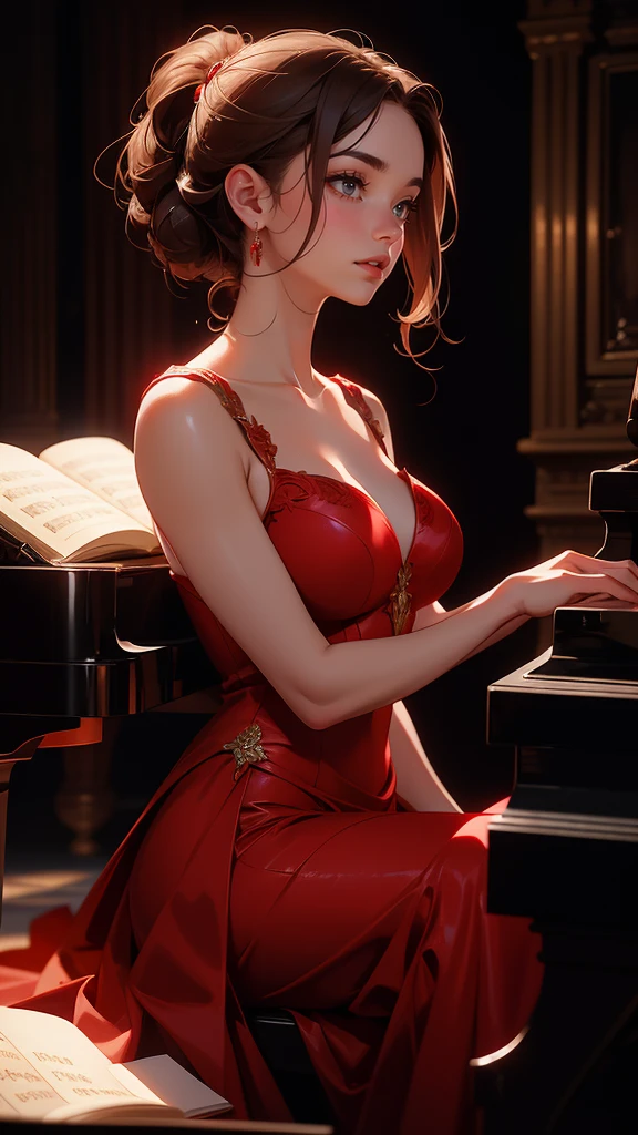 a young and beautiful woman in a red dress playing piano on an illuminated stage, realistic oil painting, detailed face, detailed hands, chiaroscuro lighting, dramatic lighting, warm color tones, muted colors, elegant, cinematic, intricate details, photorealistic, 8k, high resolution, best quality, masterpiece