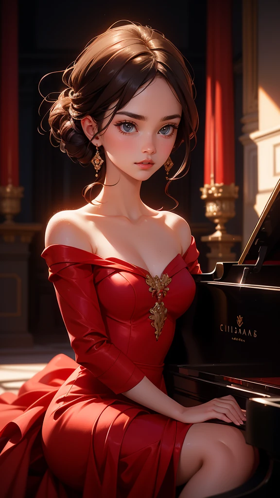 a young and beautiful woman in a red dress playing piano on an illuminated stage, realistic oil painting, detailed face, detailed hands, chiaroscuro lighting, dramatic lighting, warm color tones, muted colors, elegant, cinematic, intricate details, photorealistic, 8k, high resolution, best quality, masterpiece