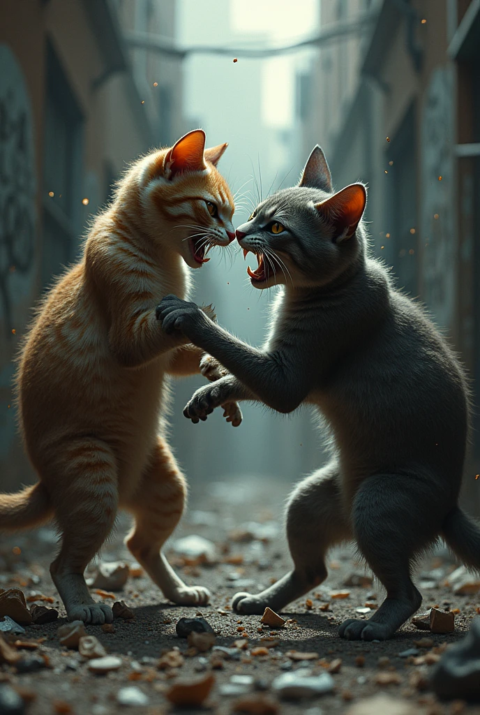 three street cats fighting