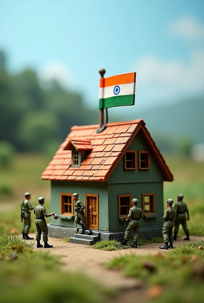 The image shows a miniature model of a house with the Indian flag on the roof. The house is painted in the colors of the Indian national flag - orange, white, and blue. There are several soldiers on the ground, some of them are holding buckets and ladders, while others are standing on the steps of the house. The soldiers are wearing green uniforms and helmets. The background shows a green landscape with trees and fields. The sky is blue and the overall mood of the image is peaceful and serene.