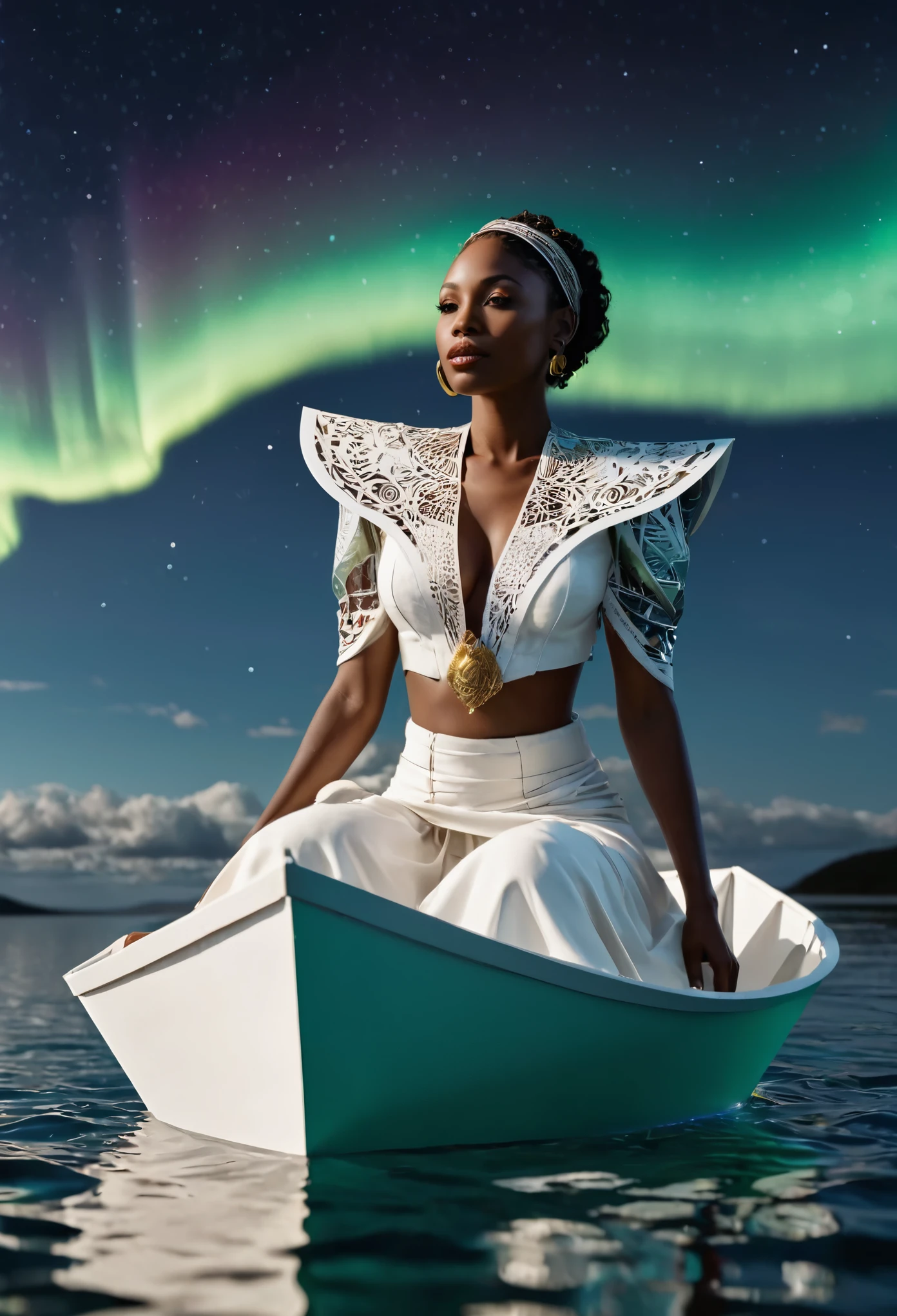 A black woman sitting in a paper boat sailing on a clear ocean, clear ocean reflecting a beautiful aurora borealis shining in the sky, she's dressed in white African designed clothes, , very high detailed and clear image, providing a cinematic look like shot from a 70mm lens panavision camera, 32k high definition and high resolution images, unreal engine 5 rendered. Hyper-realistic images with high detailed features.