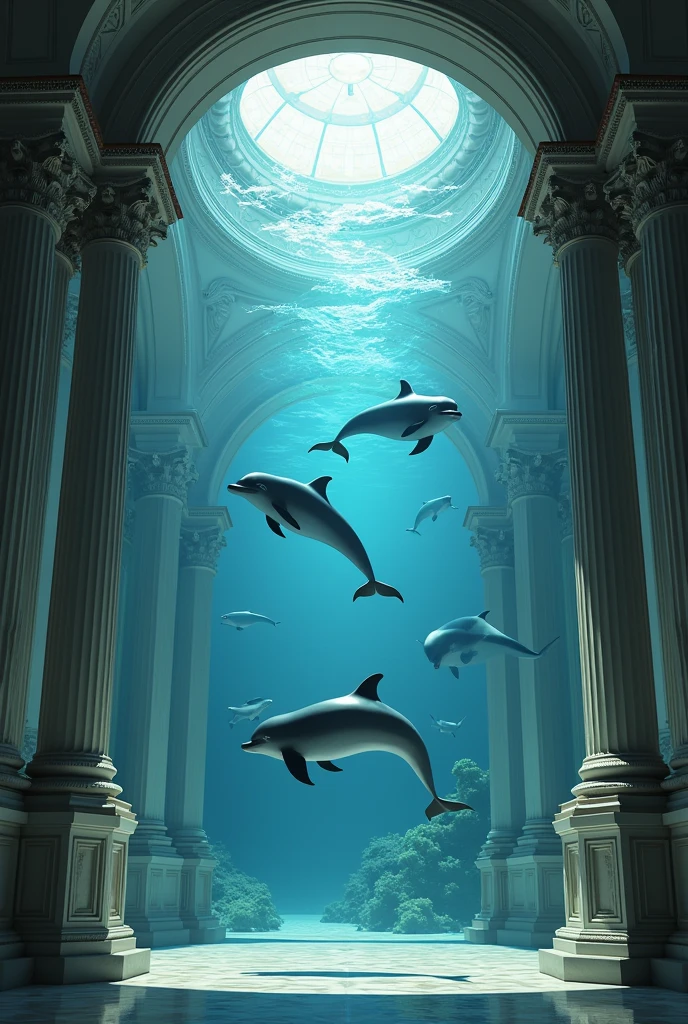 Interior of a building with dolphins inside