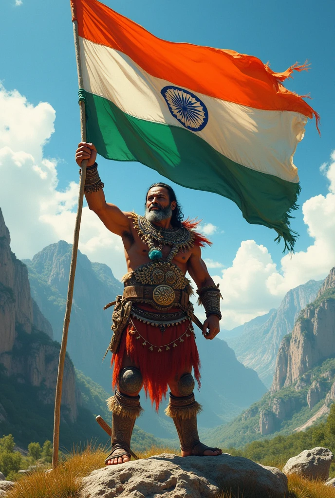 A ancient Indian warriors holding a indian flag 
