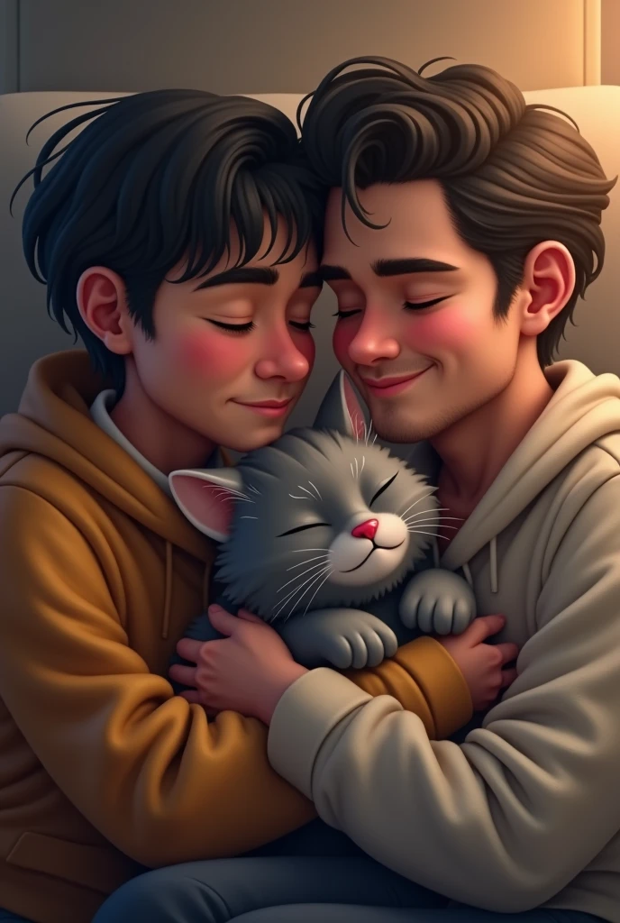 two men in love with a gray cat