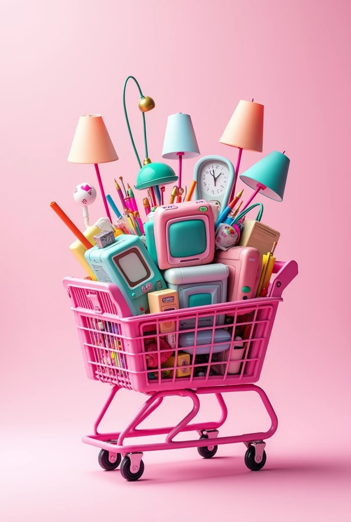 pink shopping cart with electronic items, of the house and accessories inside it, I want the pink image