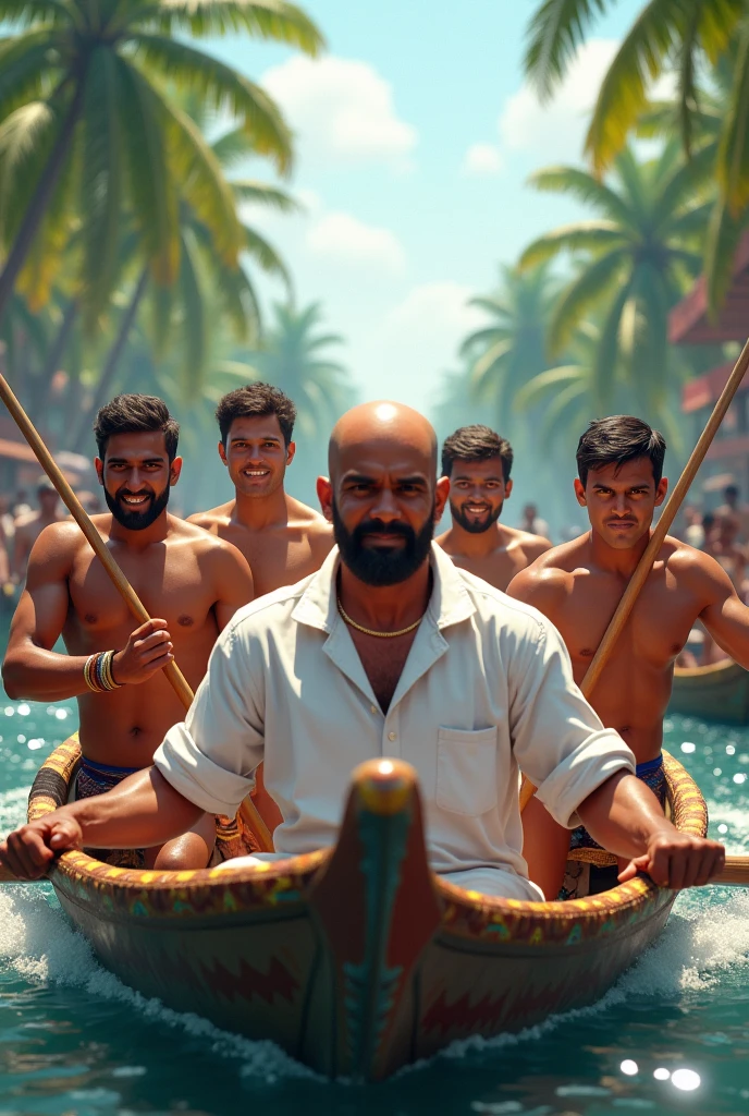 Five men participating (one main character and he is bald, not muscular , no facial hair, white shirt) in Kerala boat racing