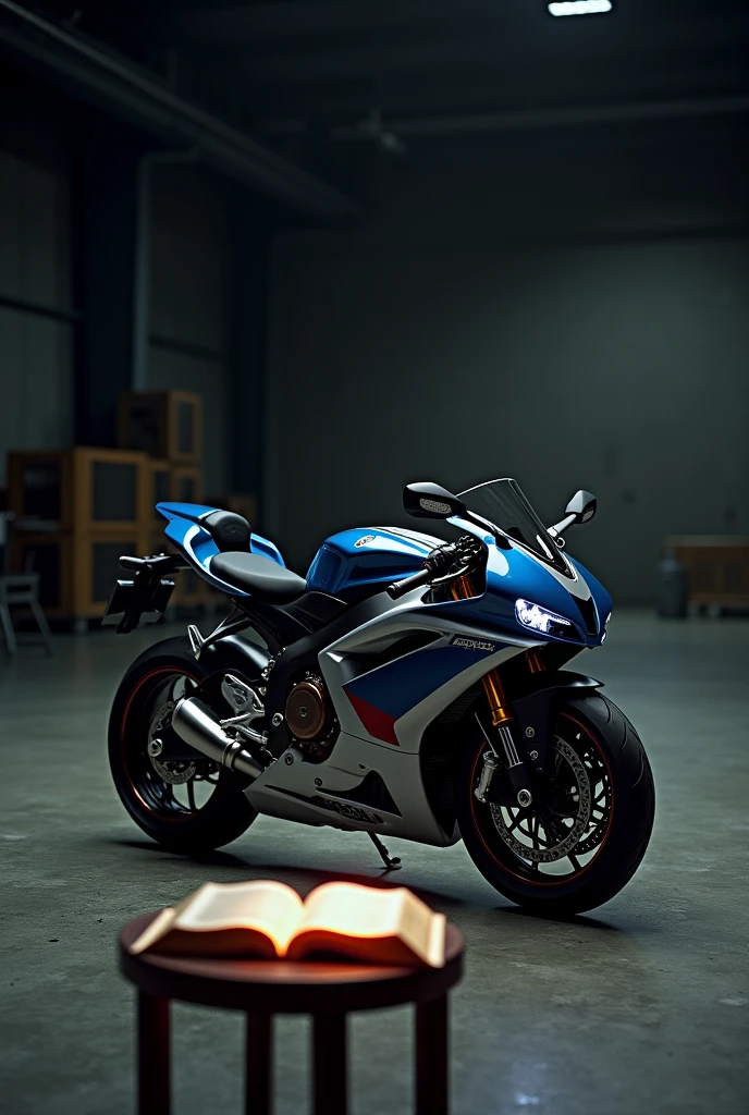 You are my professional image generator. Por favor, Create an image of a sport bike in a warehouse. Next to the motorcycle, a small table. On top of the small table, an open holy bible.