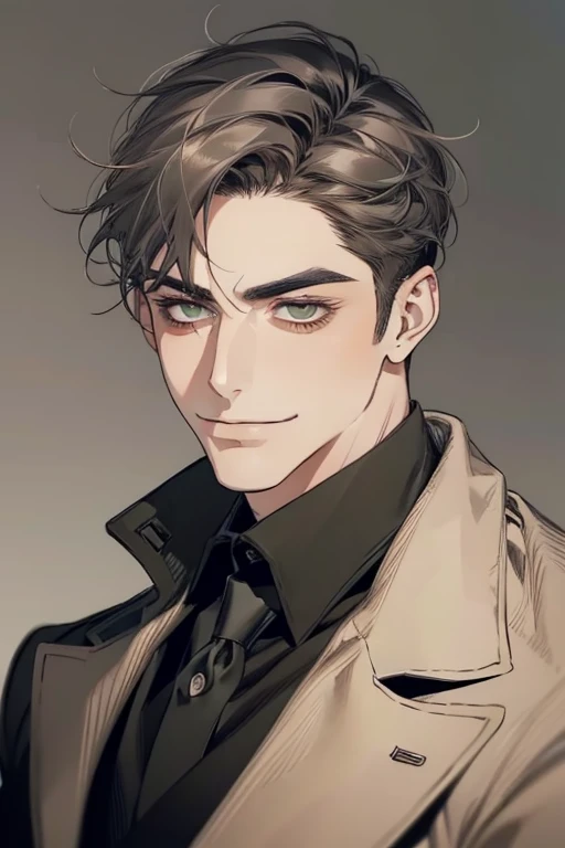 masterpiece, best quality, realistic, 1man, mature male, quiet and charming mature man, 34 years old, smirk and look on the side, closed mouth, portrait, extremely detailed face, smirk, (dark green eyes), (short-side-swept sandy grey black hair)), [thick eyebrows], (detective clothing)