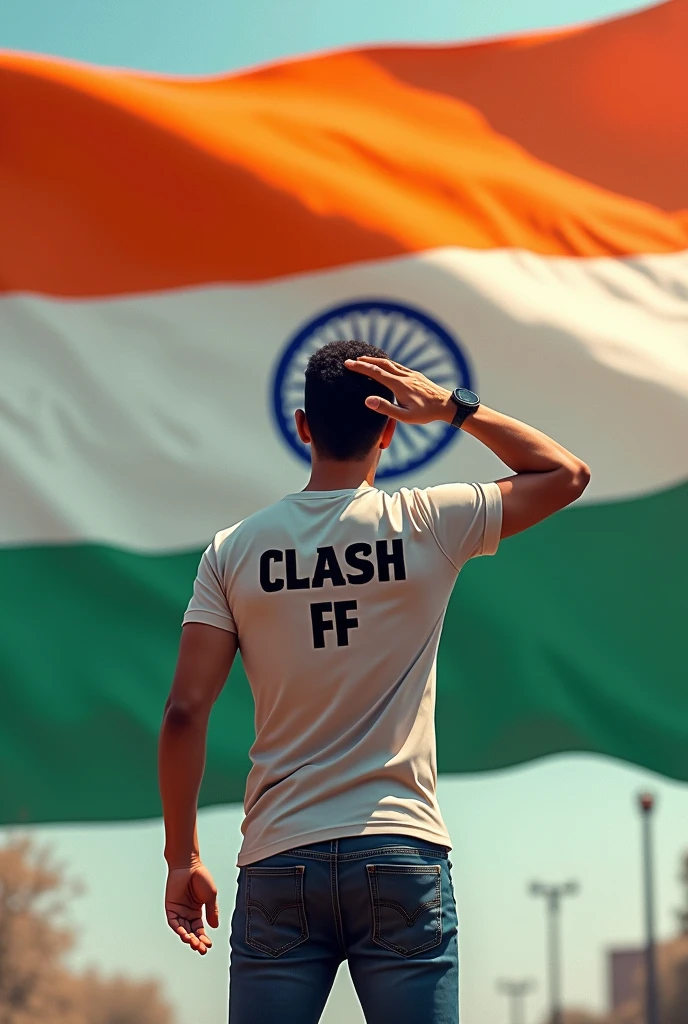 A man is standing in front of the Indian flag, saluting our flag and he is wearing a T-shirt with Clash FF written on it.