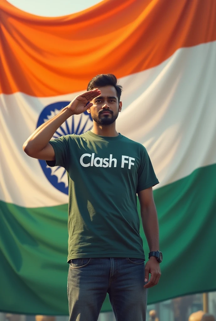 A man is standing in front of the Indian flag, saluting our flag and he is wearing a T-shirt with Clash FF written on it.