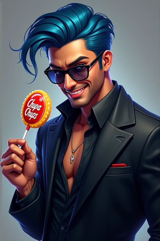 Black suit with an open shirt、Slicked back blue hair、Intelligent sunglasses、A handsome man holding a Chupa Chups and looking at the camera with a grin、name is jatin