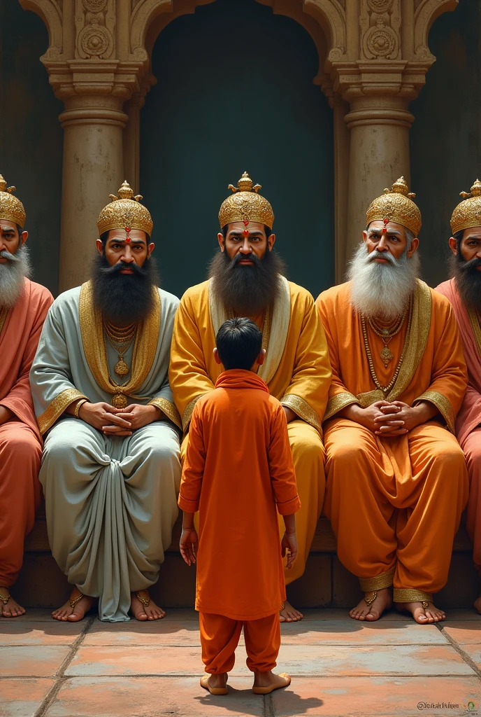 5 to 6 king sitting in a row laughing at one person of monkey face in traditional indian orange colour clothes standing in front of kings