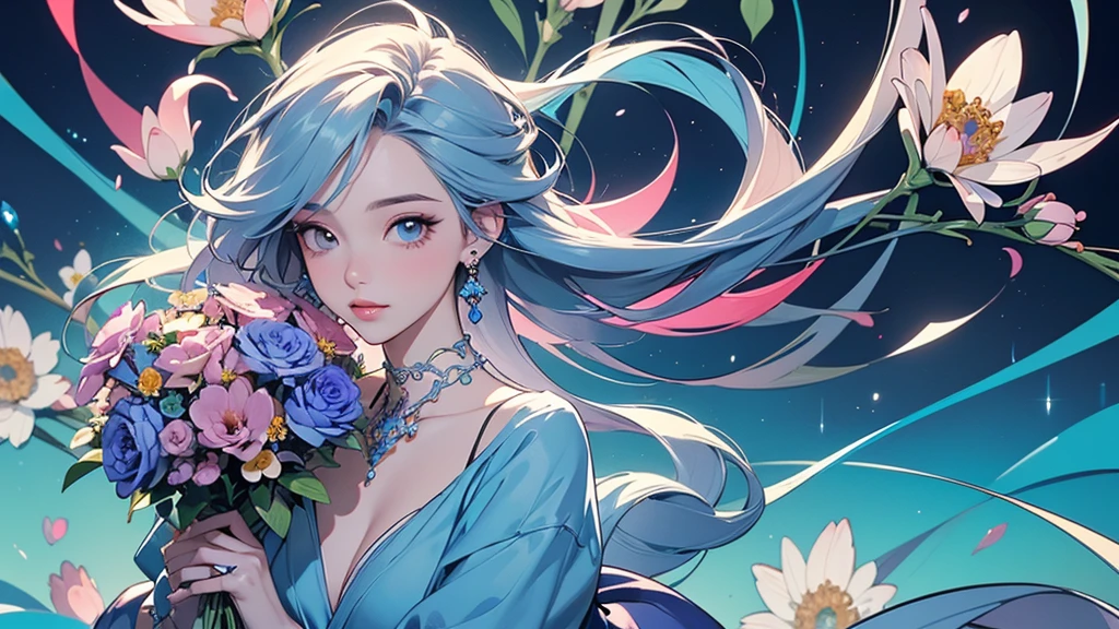 32K, 最高quality, 最高masterpiece, (ultra-Detailed Background, Detailed Background), High resolution, Super detailed, Very detailedな, 1 personの, (bouquet:1.3), (Tangled:1.2), (Geometric:1.2),(colorful),(masterpiece, quality, best quality, Official Art, Beautiful and beautiful:1.2), (1 person:1.3), Very detailed,(colorful:1.1)(Flowers:1.3),Most detailed,(Tangled:1.2), whole body, (Abstract background:1.3), (Skin glows), (Many colors:1.4), ,(Earrings Jewelry:1.5), Light Blue Background,