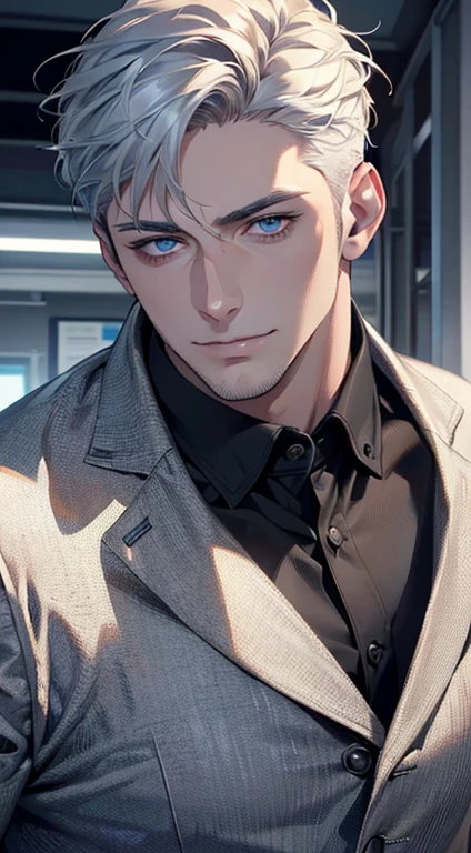 (best quality,4k,8k,highres,masterpiece:1.2),ultra-detailed,(realistic,photorealistic,photo-realistic:1.37),1 man,31 years old,mature man,very handsome,without expression,smile,short white hair,blue eyes,penetrating gaze,perfect face without errors,imposing posture,businessman,office background,cinematic lighting,hdr image