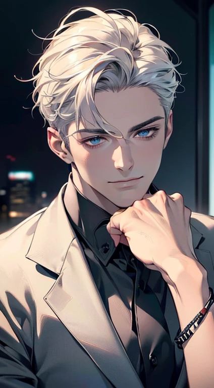 (best quality,4k,8k,highres,masterpiece:1.2),ultra-detailed,(realistic,photorealistic,photo-realistic:1.37),1 man,31 years old,mature man,very handsome,without expression,smile,short white hair,blue eyes,penetrating gaze,perfect face without errors,imposing posture,businessman,office background,cinematic lighting,hdr image