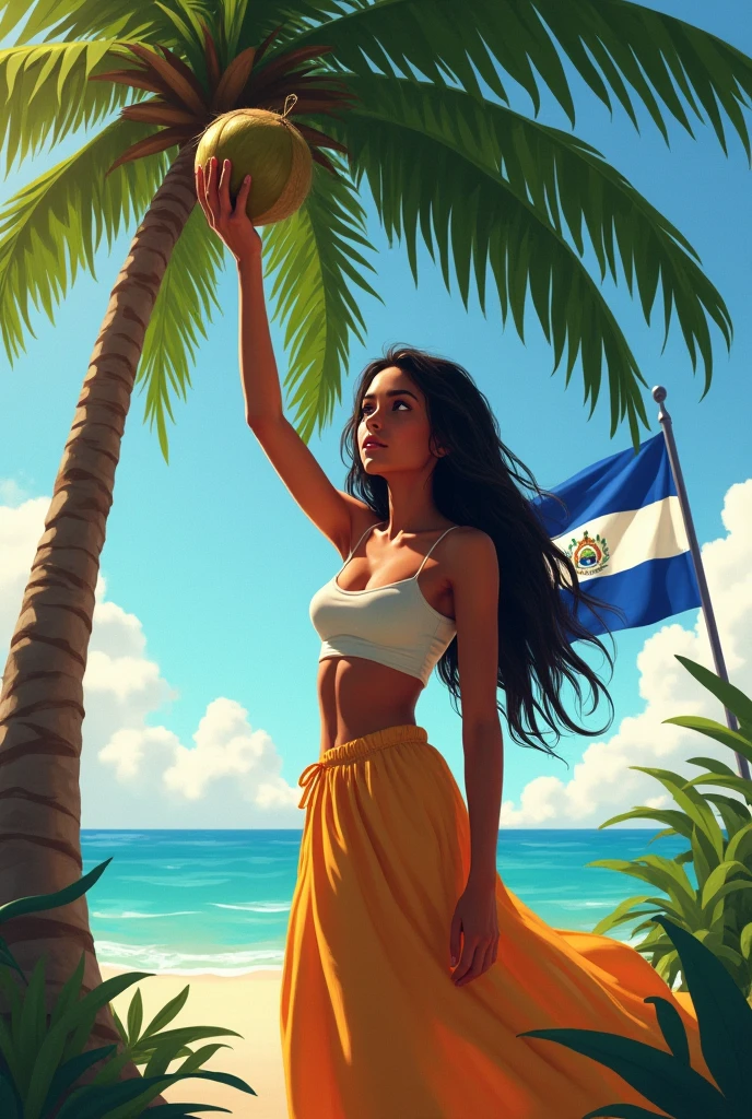 Girl with long hair, a long skirt and a crop top next to a palm tree and taking a coconut from the front looking at me and a Nicaraguan flag mixed with a Korean flag triguena skin color