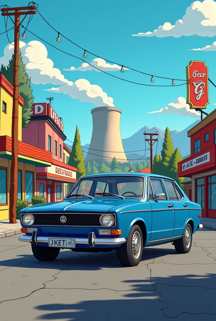 2012 dark blue Jetta classic car with a Springfield Simpsons background
