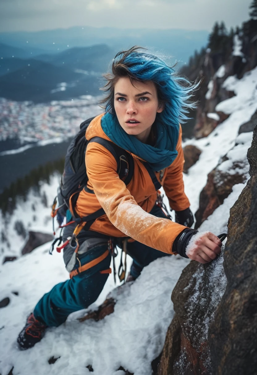 photo of TWbabeXL01,  (5mm, closeup with afterglow, backlit, cute 20 year old woman in a snow storm mountain climbing on a rock cliff climbing vertical, snowing:1.2, torn clothes:1.2, eye contact, slight smile, dangling arm hold a pickaxe:1.1), (brilliant pastel colors, dark natural hues:1.4), (pretty bird on a rock, cocking it's head and looking:1.1), (dramatic pose or action pose:1.2), (Artist design by (Guy Aroch:1.3) and (Alessio Albi:1.6)), (disaster scene from a movie), (slightly windy), blue hair, (short hair:1.3)