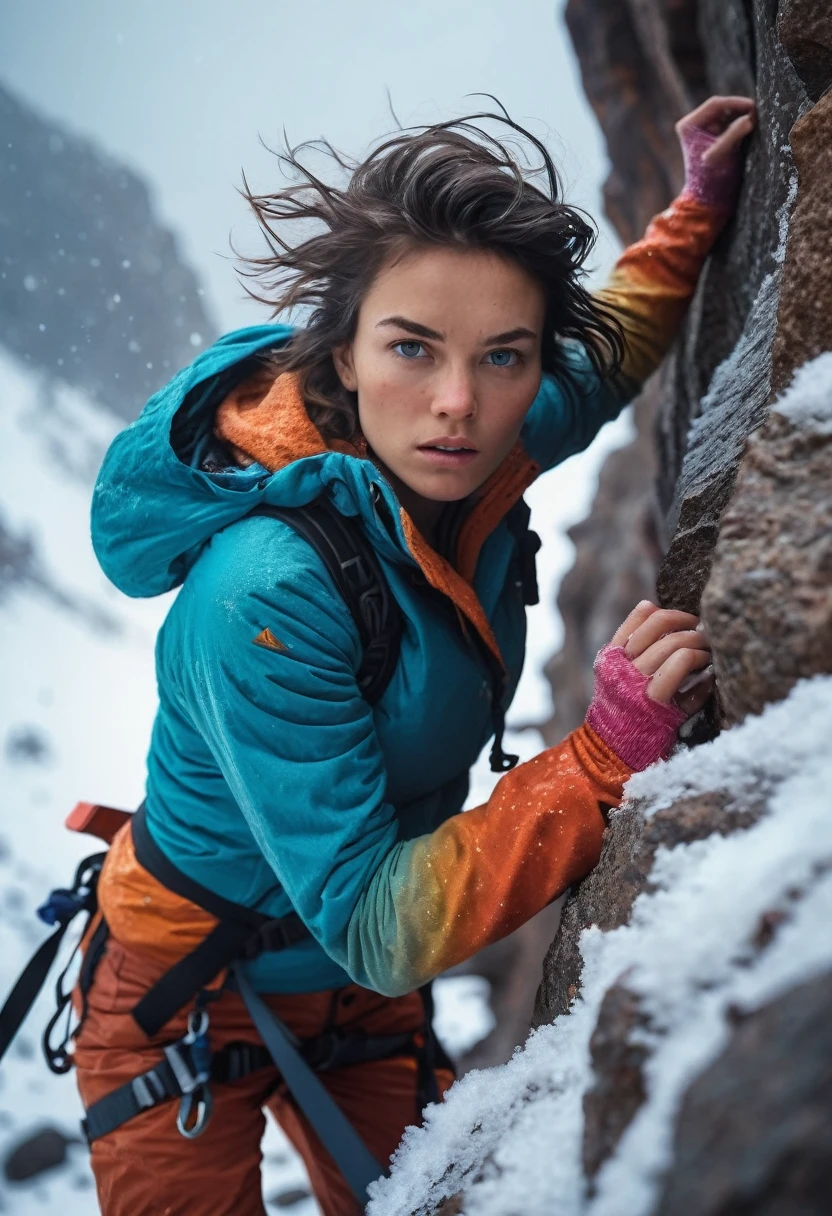 photo of TWbabeXL01, (5mm, closeup with afterglow, backlit, cute 20 year old woman in a snow storm mountain climbing on a rock cliff climbing vertical, snowing:1.2, torn clothes:1.2, eye contact, slight smile, dangling arm hold a pickaxe:1.1), (brilliant pastel colors, dark natural hues:1.4), (pretty bird on a rock, cocking it's head and looking:1.1), (dramatic pose or action pose:1.2), (Artist design by (Guy Aroch:1.3) and (Alessio Albi:1.6)), (disaster scene from a movie), (slightly windy), blue hair, (short hair:1.3)