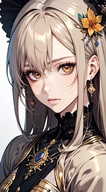 A painting of a woman brown gray hair and an orange top, stunning anime face portrait, beautiful character painting, beautiful anime portrait, her image is rendered by red paint, presenting a stunning effect. The painting is very detailed, depicting women's faces and clothing. Her face has a creamy dripping effect, which makes the whole face more vivid. She wears a beautiful detailed outfit with pale gray hair. The proportions are accurate, and the costumes of the female characters are traditionally dressed, showing a classical charm.