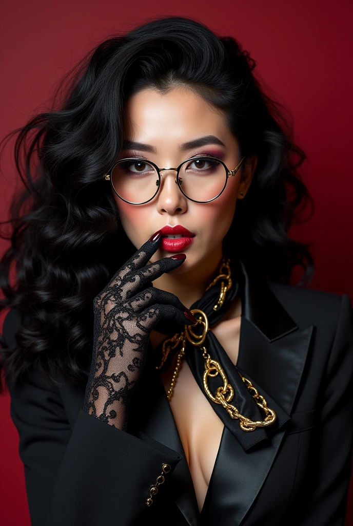With long, curly black hair、Heavy makeup and purple eyeshadow、Dark eyeliner、Around her neck she wears a ribbon-shaped satin black and gold chain patterned scarf.、Wearing gold-rimmed glasses、Wearing long gloves made of black rose lace、A Japanese woman in her 50s, wearing a black suit with a lame stripe, is vulgarly licking her fingers.