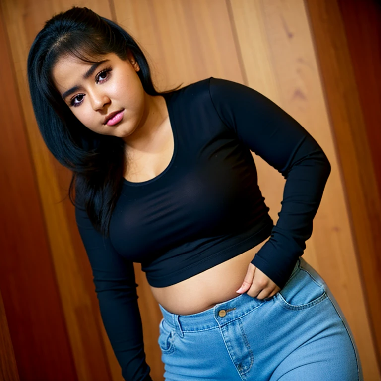 body photo, beautiful detailed, cute face, mexican teen, slightly chubby hips, short black hair, black hair over one eye, long sleeve plain T-shirt, long pants, fat wide hips, solo,