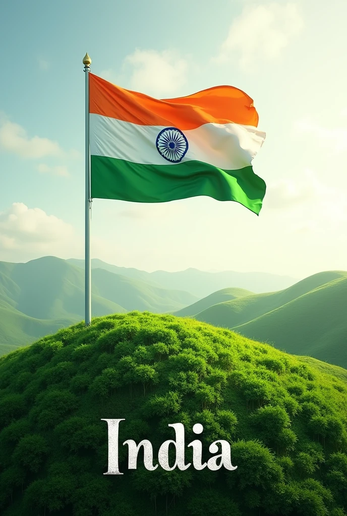 Indian flag on top of hill with greenery writing India in the bottom