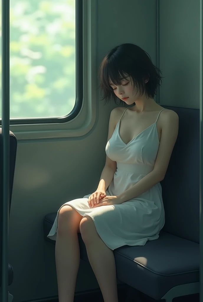 "A 20-year-old Japanese woman with short hair, wearing a white dress, sitting on a train seat, dozing off. Her legs are slightly apart, revealing just a hint of what’s beneath, creating a subtle, suggestive atmosphere. The scene captures the quiet, intimate moment inside a train, with soft lighting and a serene mood."