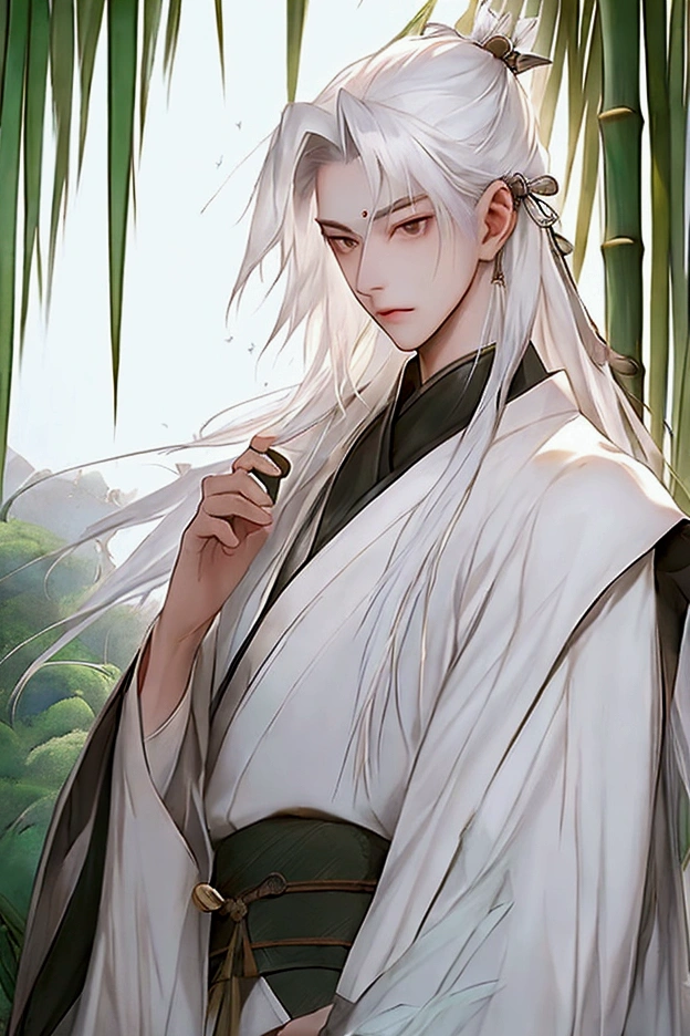 Realistically, Practical, photography, masterpiece, Best quality, Extremely detailed, Moderate, 1 Boy, Solitary, White hair, Chinese clothes, Silver hair,Bamboo forest in the background，whole body，Panoramic lens，Vision，A sword in his hand，Walking on the ground covered with bamboo leaves