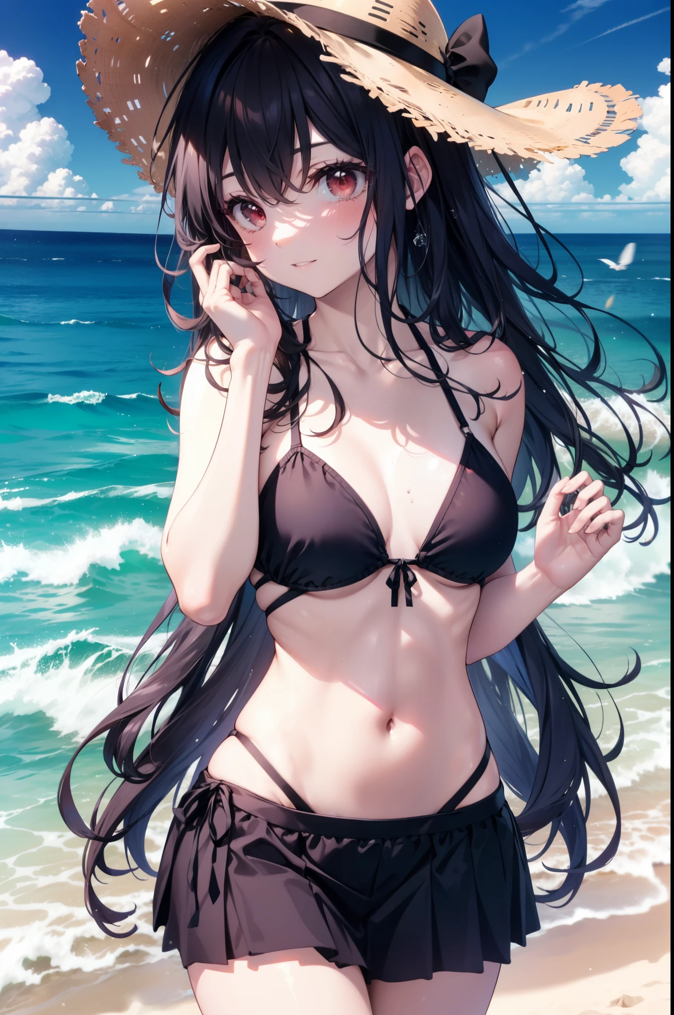 For profit, Next to Kasumigaoka, Black Hair, hair band, Long Hair, (Red eyes:1.5),
smile,blush,Open your mouth,Black string bikini swimsuit,Belly button,abdomen,A thin long skirt is wrapped around her waist,barefoot,Sandy Beachを散歩している,Daytime,True Summer,Clear skies,whole bodyがイラストに入るように,
break looking at viewer,whole body, (Cowboy Shot:1. 5),
break outdoors, Sandy Beach,Beach,
break (masterpiece:1.2), Highest quality, High resolution, unity 8k wallpaper, (figure:0.8), (Beautiful attention to detail:1.6), Highly detailed face, Perfect lighting, Highly detailed CG, (Perfect hands, Perfect Anatomy),