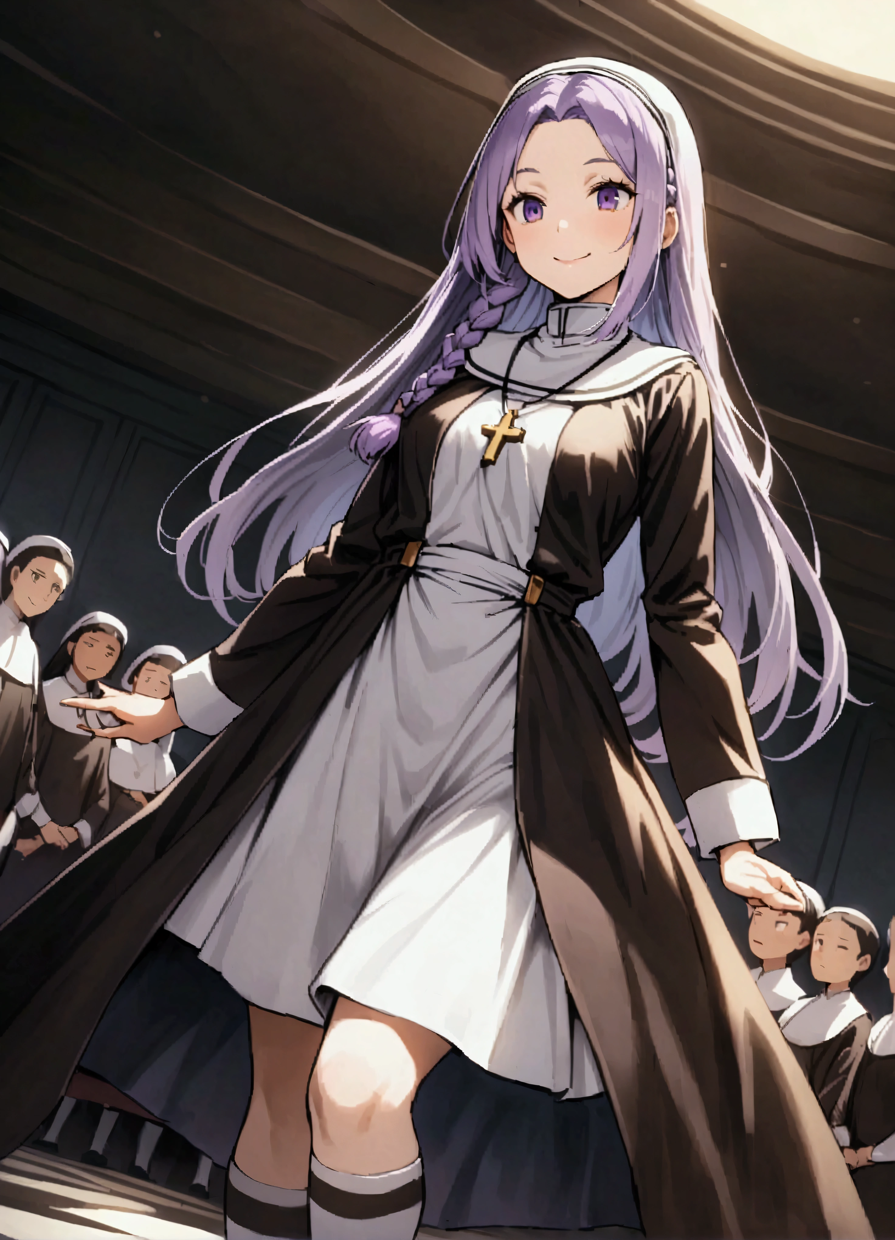 Yaeko Shinatsuhiko、Long Hair、Purple Eyes、Braid、Parted bangs、amount、、Knee socks、Striped pattern、cross、Striped patternのKnee socks、Nuns、Monastic uniform、Long sleeve、dress、gem、boots、necklace、Side slits、、indoor、smile、Staring at the audience、solo、、Cowboy Shot、Dutch Angle