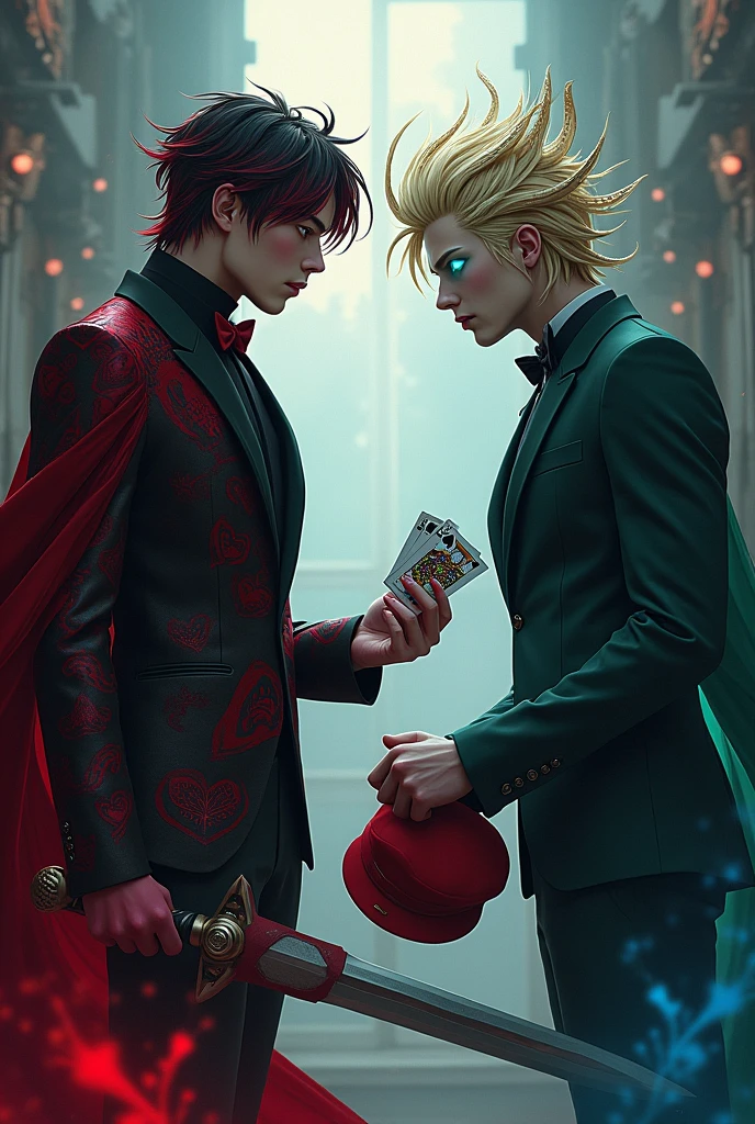 Image of two young men facing each other: one with red and black hair ,black and red suit with a design of black and red hearts ,with a sword in his right hand and a deck of cards in the other hand,The other guy in a dark green suit,light blonde hair made of snakes only his hair ,in his right hand a red cap and in the other some glasses ,and about to shoot a soft blue laser from his eyes
in a movie poster called Heart of Stone.