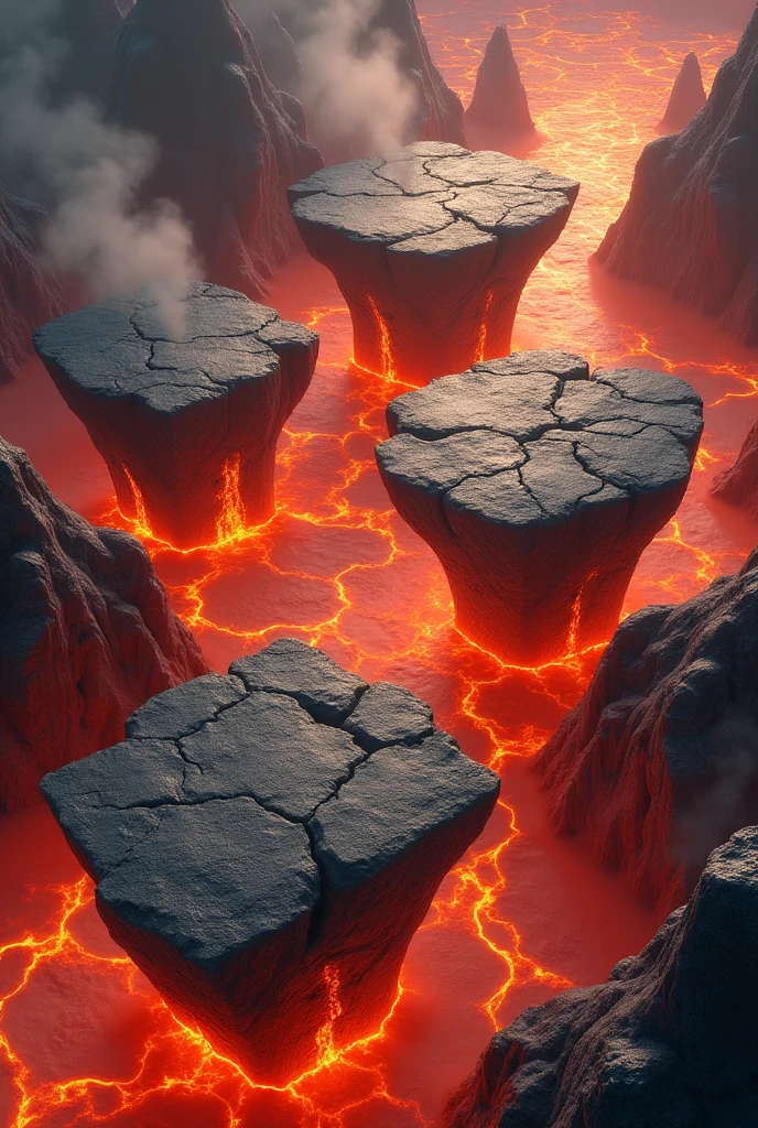 a map of lava on which four rock plataforms float in the lava, the map is in aerial format suitable for a rpg game, the background is a photo of lava lake