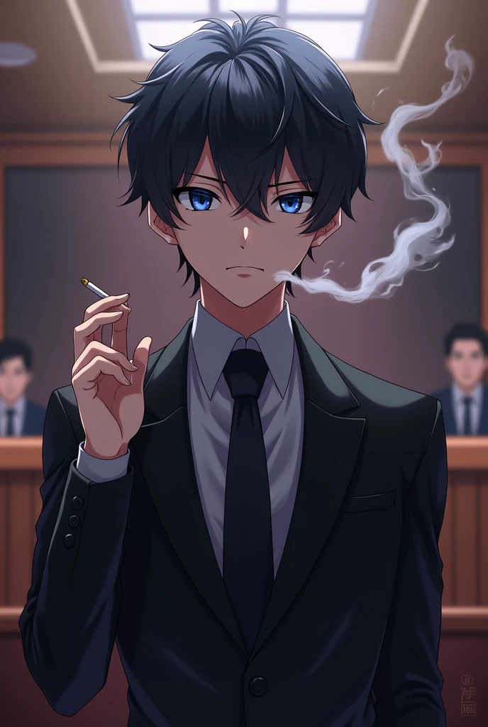 Anime style image of a man around 23 years old, black hair similar to the character Sung Jin woo from Solo Leveling, blue colored eyes, wearing a black lawyer suit and a more serious face and expression, smoking a cigarette and the scene behind him is a courtroom