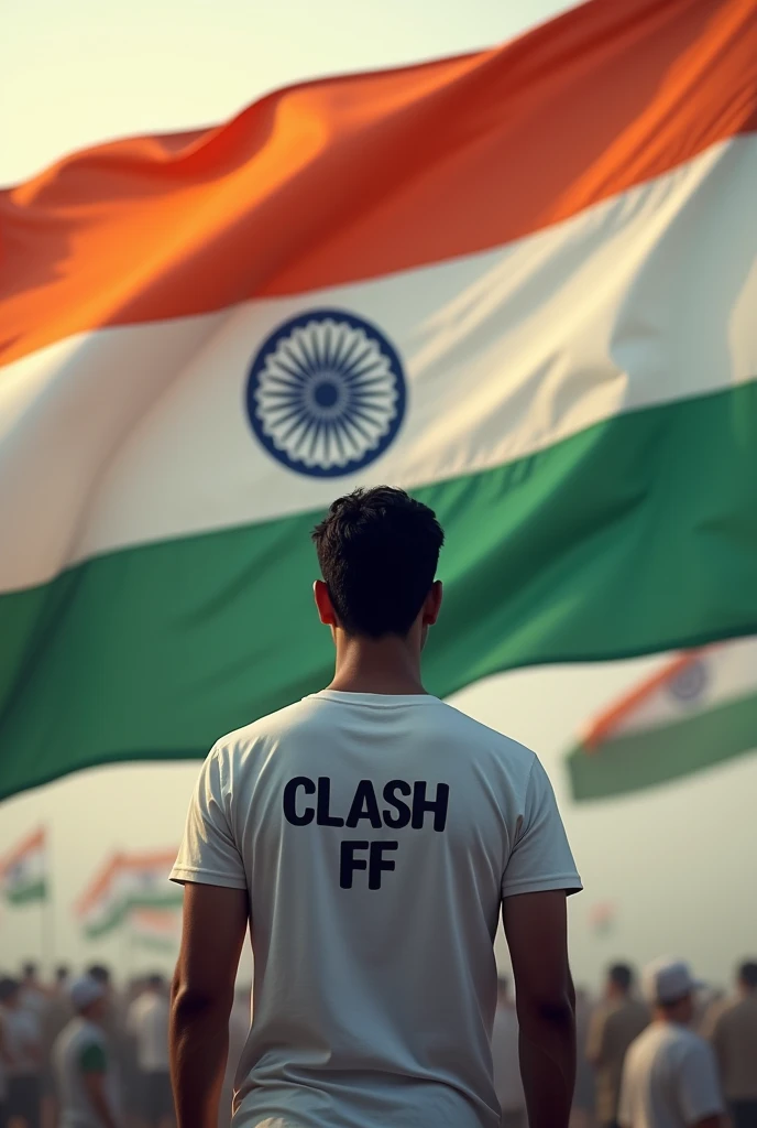 A man is standing in front of the Indian flag, saluting our flag and he is wearing a T-shirt with Clash FF written on it