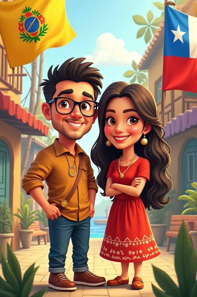 A cute cartoon of a Bolivian man without a beard wearing glasses, Chilean woman, with the flag of the country of Bolivia and with the flag of the country of Chile