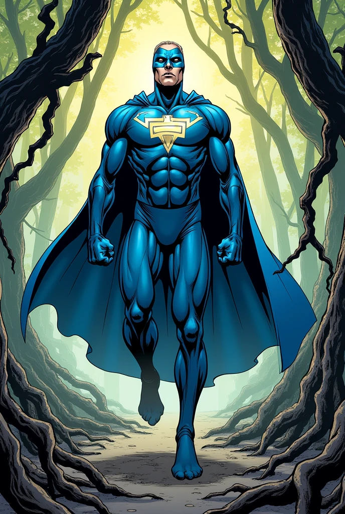 Comic style image of a superhero dressed in blue, cape and mask getting up from the ground invoking his mental superpowers to his friends in a mangrove