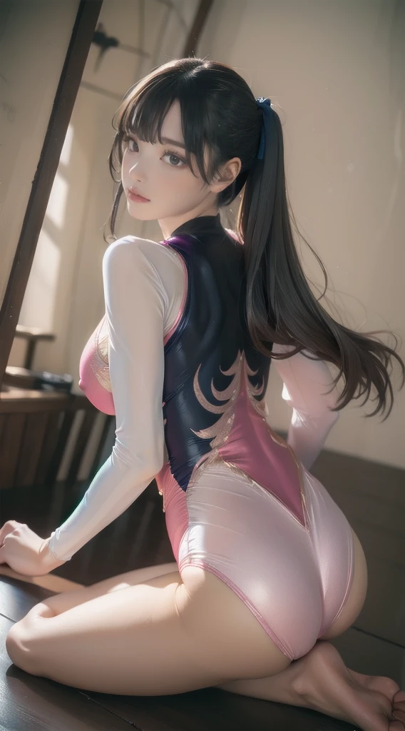 :1 person, ((Highly detailed skin), Beautiful realistic face, White skin, Pointed Chest, Erect nipples, Perfect Anatomy, Realistic eyes, Very beautiful eyes, Precise focus for both eyes), (Hyper Realist, Ultra-realistic, 4K, Attention to detail, Ultra-high resolution, Highest quality, masterpiece, before, dynamic, bold, Sharpness), (Thinning hair:2), (Soft Hair:2), (Straight hair:1.5), length, sleek bangs, Very light coppery amber hair, Hair on one eye, length hair in twin tails, (Female Gymnast, Detailed costume, length sleeve leotardを着た:1.5), Gym, gymnastics arena, Japan Representative Leotard, Leotards worn by Japanese Gymnasts, Japan Leotards, length sleeve leotardの光沢, Moneyのlength sleeve leotard, Silverのlength sleeve leotard, Metallic Colorのlength sleeve leotard, レーシングlength sleeve leotard, Rhythmic Gymnastics leotard, length sleeve leotard, ハイレグlength sleeve leotard, ({pink| Money| Silver| wine-red| navy| purple| Metallic Color|}length sleeve leotardの色), Big Breasts:1.3, Looking into the camera, expensive, Long, slender limbs, On all fours, I'm sticking my butt up, Stick your ass out, Make your buttocks stand out, length sleeve leotardが尻に食い込んでいる, return, Recall, whole body, Put your chest together, Accentuate your breasts, barefoot, Nikon, Canon,