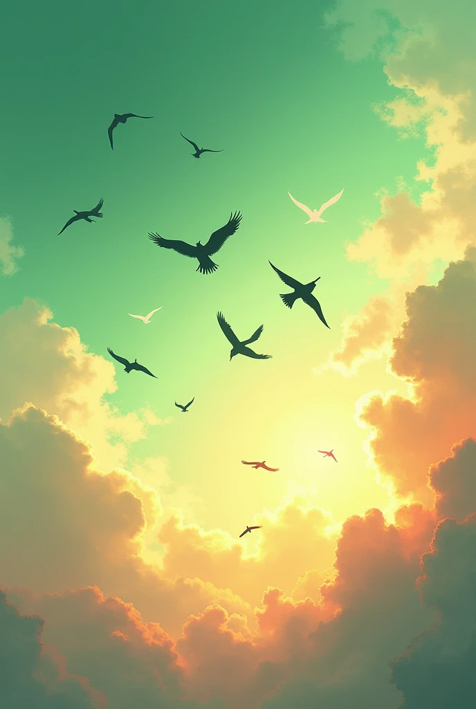Sky full with green orange and white colour. Some black coloured bord flying far in the sky