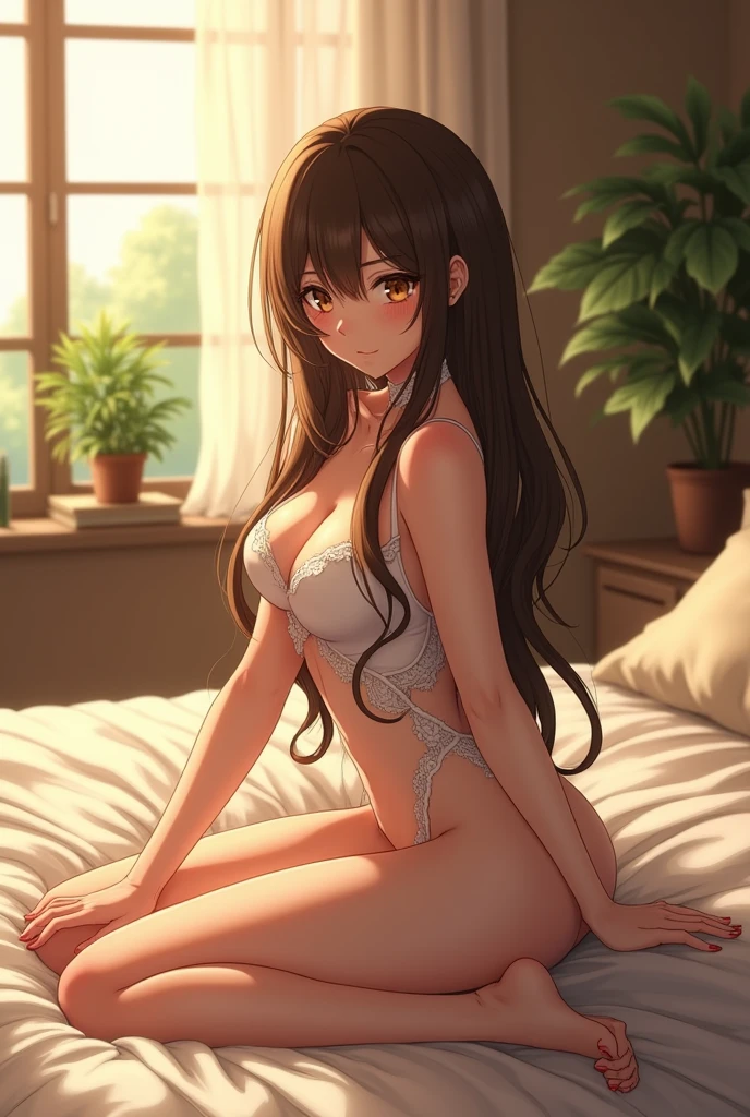 (photorealism:1.2), beautiful anime woman, sitting on bed, wearing pants, long hair, indoors, soft lighting, plants in background, window with sunlight, cozy room, sexy pose, intricate details, warm colors