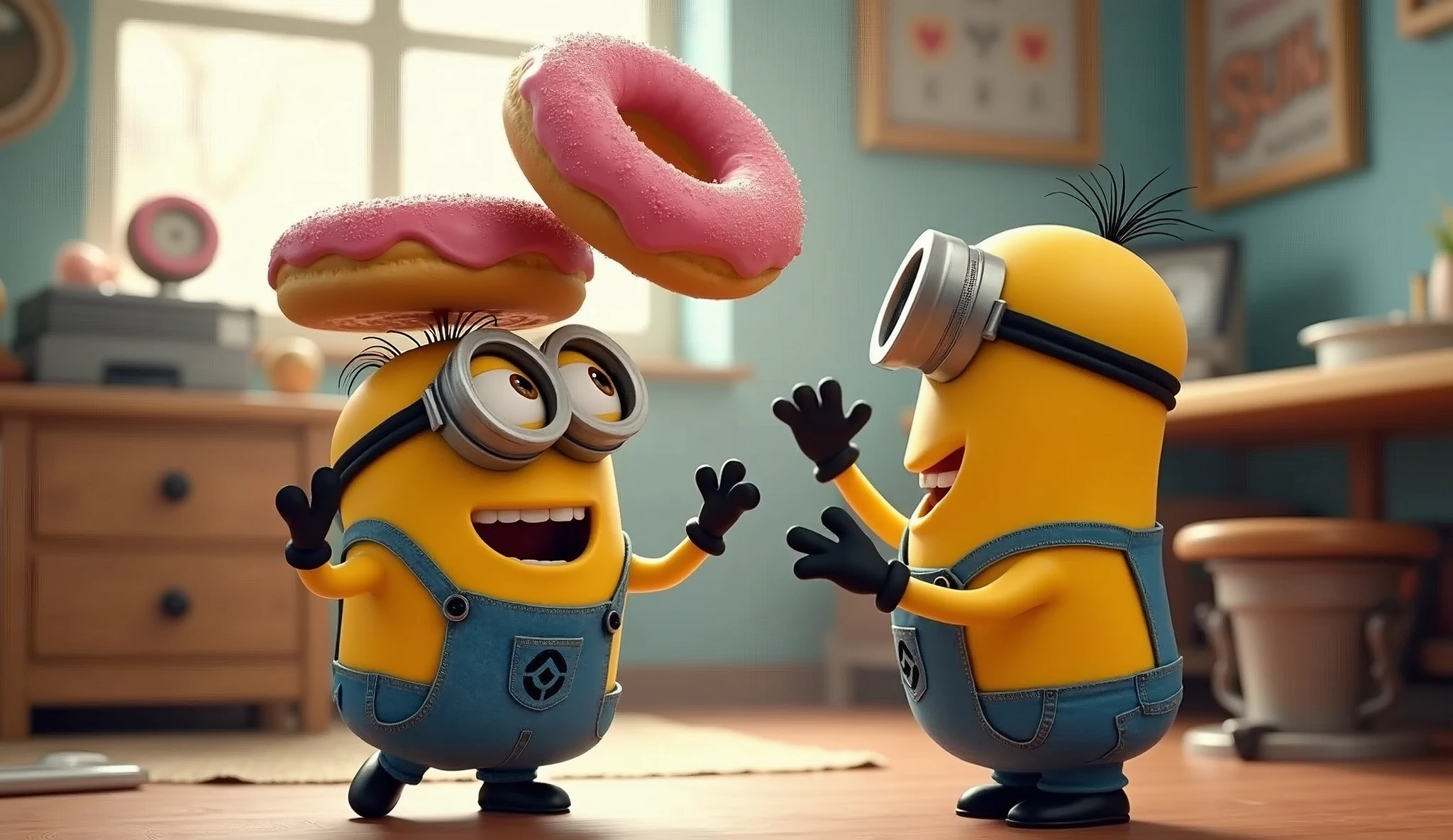 a minion trown big donuts over the head of another minion