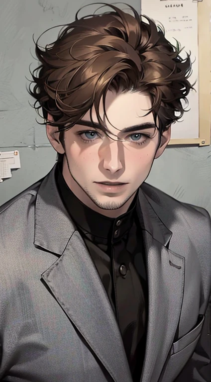 (best quality,4k,8k,highres,masterpiece:1.2),ultra-detailed,(realistic,photorealistic,photo-realistic:1.37),1 man,31 years old,mature man,very handsome,without expression,smile,short brown hair,blue eyes,penetrating gaze,perfect face without errors,imposing posture,businessman,office background,cinematic lighting,hdr image