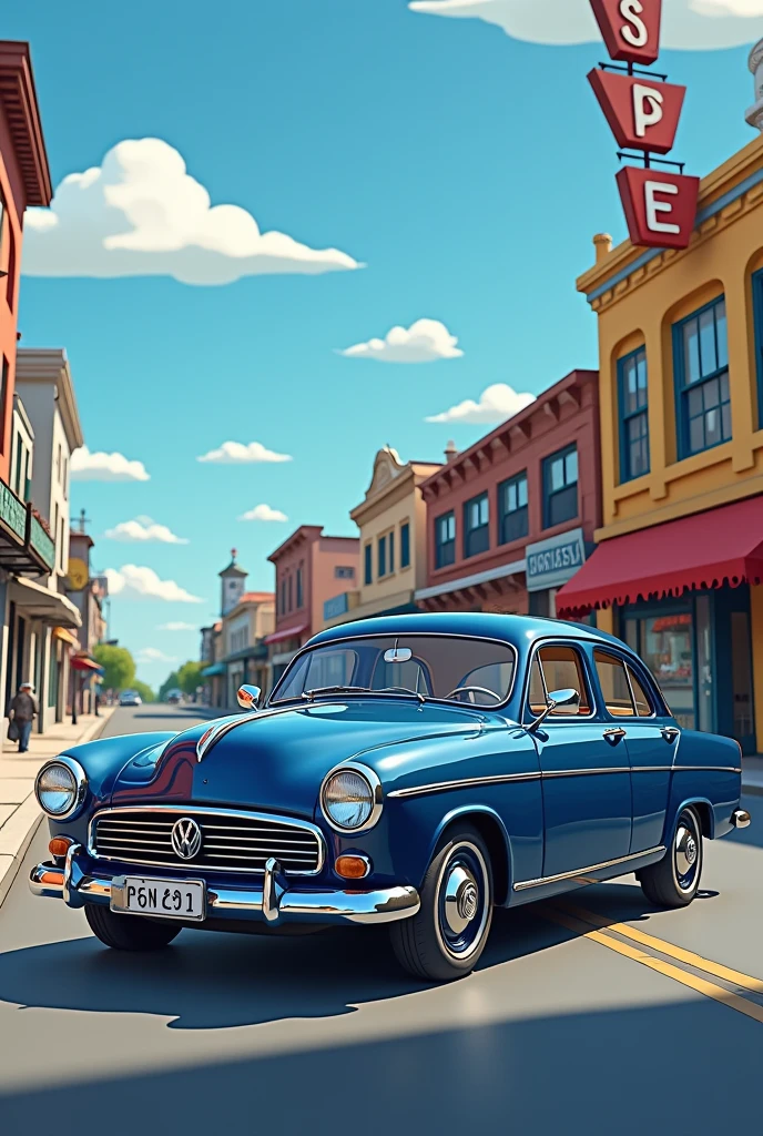 Dark blue classic Jetta car with a Springfield Simpsons background