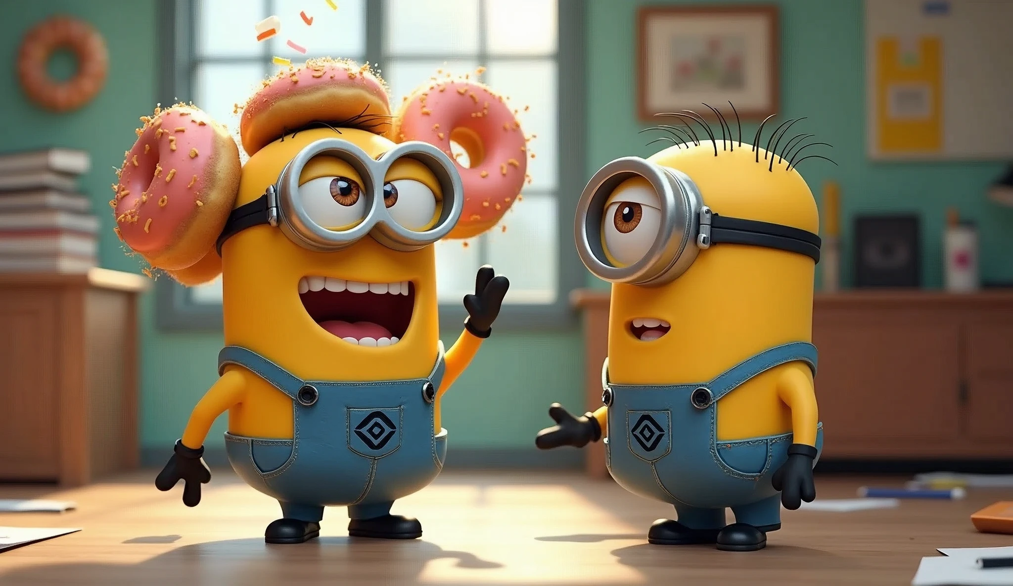 a minion trown big donuts over the head of another minion