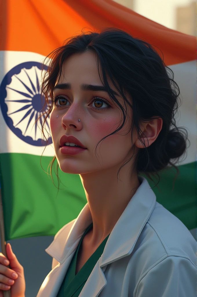 give me a illustration of young female doctor holding a Indian flag and she has tears in eyes
